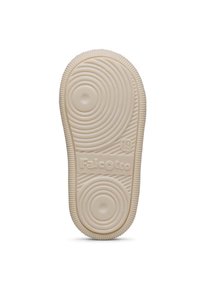 Semelle de chaussure en caoutchouc de couleur blanc cassé avec un design texturé présentant des cercles concentriques et des rangées, portant la marque "Falcotto" et la taille "19".