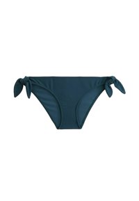Bas de bikini teal avec des accents de nœud de chaque côté, tissu texturé et une coupe classique pour un ajustement sécurisé.