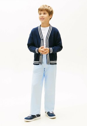 Dreng med kort blondt hår iført en marineblå cardigan med hvide striber, hvid skjorte, lyseblå bukser og marineblå sneakers, stående med hænderne foldet.