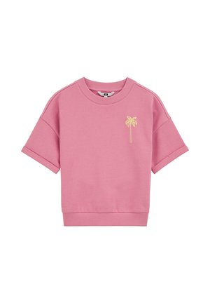 Felpa rosa a maniche corte con collo e orlo a coste, con una piccola palma gialla ricamata sul petto a sinistra.