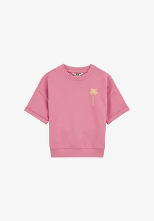 Sweat-shirt rose à manches courtes avec col et ourlet côtelés, arborant un petit palmier jaune brodé sur le côté gauche de la poitrine.