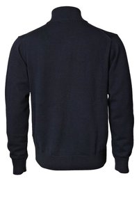 Navy blue knitted long-sleeve sweater with high collar and ribbed cuffs and hem, shown from the back.