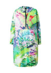 Barevné šaty s kapucí se směsí abstraktních vzorů v zelené, růžové a modré barvě. Vyrobeno z lehkého materiálu, s předním zipem a kapsami.