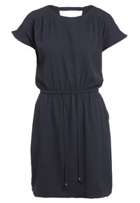 Robe bleu marine à manches courtes avec encolure ronde, taille élastique et cordon ajustable à nouer à l'avant.