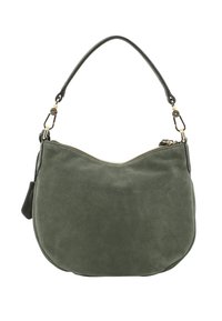 Olivenfarbene Wildleder-Schultertasche mit einem geschwungenen Reißverschluss oben, einem einzelnen Tragegurt mit goldfarbener Schnalle und einem kleinen angehängten Etikett auf weißem Hintergrund.