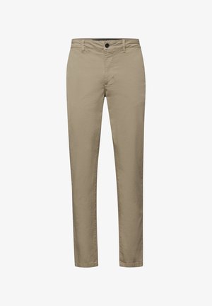 Pantalon beige en coton avec une texture lisse, équipé d'une fermeture à boutons, de poches classiques et d'une coupe fuselée.