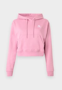 Ροζ cropped φούτερ με μπροστινή τσέπη, κορδόνια, μακριά μανίκια και μικρό λευκό λογότυπο Converse στο στήθος.