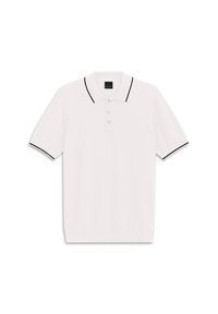 Weißes Poloshirt aus strukturiertem Stoff mit einer Knopfleiste mit drei Knöpfen, schwarzen Akzenten an Kragen und Ärmeln, reguläre Passform.
