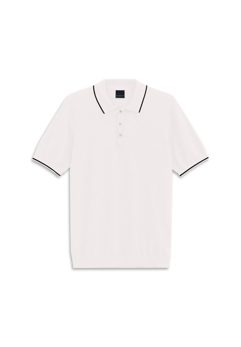 Weißes Poloshirt aus strukturiertem Stoff mit einer Knopfleiste mit drei Knöpfen, schwarzen Akzenten an Kragen und Ärmeln, reguläre Passform.