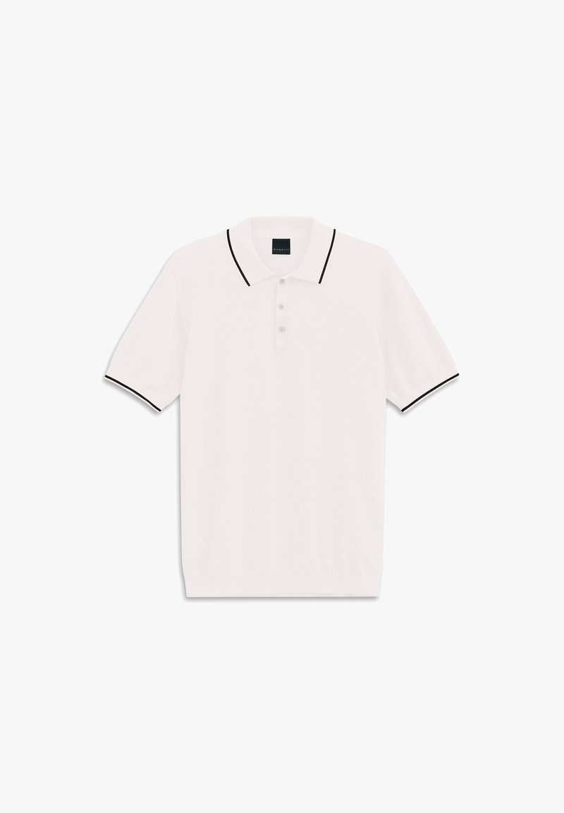 Weißes Poloshirt aus strukturiertem Stoff mit einer Knopfleiste mit drei Knöpfen, schwarzen Akzenten an Kragen und Ärmeln, reguläre Passform.