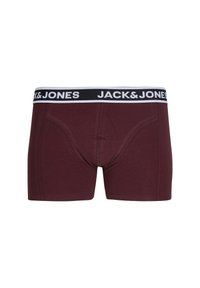 Boxer briefs bordeaux com uma cintura elástica em preto e branco, apresentando o texto "JACK & JONES". Feitos de um tecido suave com um ajuste confortável.