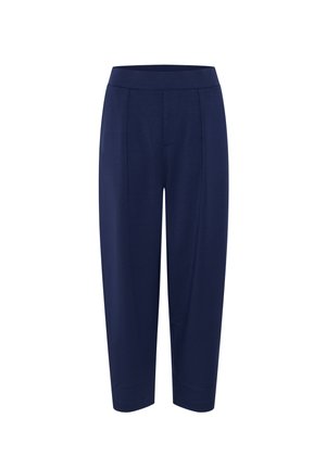 Marineblaue Hose mit glatter Textur, ausgestattet mit einem breiten elastischen Bund und zwei vorderen Falten für eine lockere Passform.