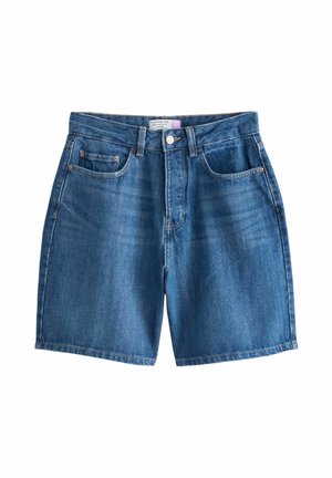 Blue denim shorts with front button and zipper, belt loops, and two front pockets on a white background.