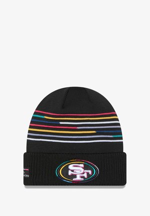 Bonnet tricot noir avec des rayures horizontales multicolores et un logo brodé avec "SF" à l'avant, un poignet côtelé et un tissu texturé.