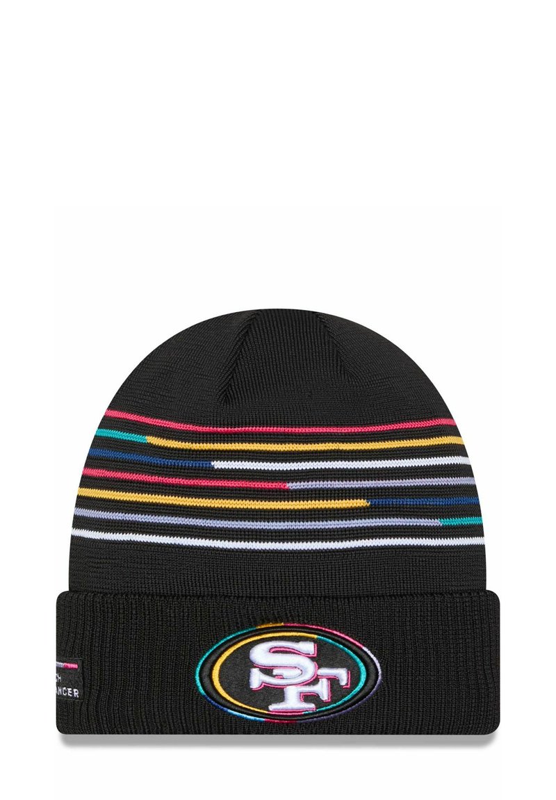 Schwarze Strickmütze mit mehrfarbigen horizontalen Streifen und einem gestickten Logo mit "SF" auf der Vorderseite, geripptem Bund und strukturiertem Stoff.