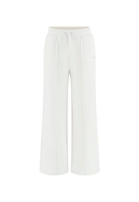 Witte wijde sweatpants met een elastische tailleband, trekkoord en subtiele voorkeerds. De stof ziet er zacht en glad uit.