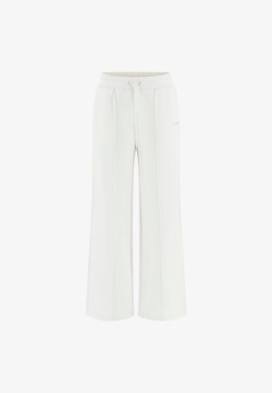 White wide-leg sweatpants with an elastic waistband, drawstring, and subtle front seams. Fabric appears soft and smooth.