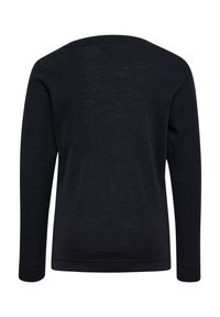 Zwarte trui met lange mouwen en ronde hals, van achteren gezien met een eenvoudige, gladde gebreide textuur zonder zichtbare patronen of logo's.