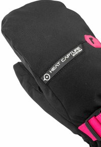 Zwarte geïsoleerde wanten met een gestructureerde buitenkant, roze accenten en een logo patch met de tekst "HEAT CAPTURE SYSTEM." Inclusief verstelbare polsband.