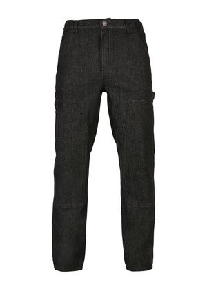 Pantalones de mezclilla negros con un corte relajado, que presentan bolsillos laterales y una textura sutil. Los detalles de costura a lo largo de las rodillas añaden refuerzo.