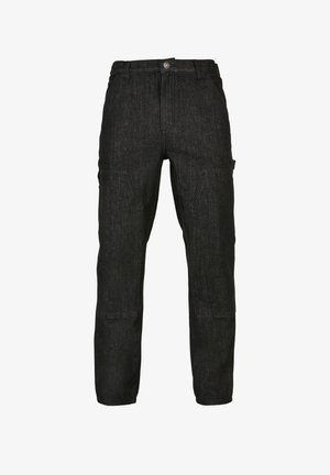 Pantaloni in denim nero con una vestibilità rilassata, dotati di tasche laterali e una trama sottile. I dettagli delle cuciture lungo le ginocchia aggiungono rinforzo.
