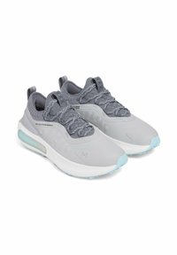 Light gray sneakers with a textured upper, featuring a padded collar, gray laces, and a contrasting light blue sole.