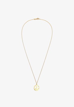 Colier de aur cu un pandantiv simbolizând pacea, având un lanț delicat și închidere tip lobster. Textură netedă, design circular.