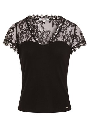 Top noir avec un corps côtelé et de délicates manches courtes en dentelle noire à bords festonnés. Design en V avec un détail subtil brillant.