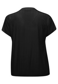 Haut noir à manches courtes avec une coupe décontractée, présentant une texture côtelée et un ourlet élastiqué. Le dos affiche un design lisse et uni.