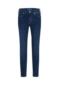Sötétkék farmernadrág, slim fit szabással, klasszikus öt zsebes kialakítással, elülső gombos záródással és diszkrét varrás részletekkel.