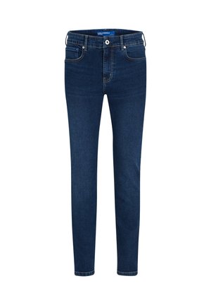 Jeans in denim blu scuro con una vestibilità slim, caratterizzati da un classico design a cinque tasche, chiusura con bottone frontale e dettagli di cucitura sottili.