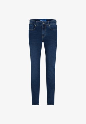 Tumedast sinise denimi slim-fit teksad, klassikalise viie-tasku disainiga, ees nupu sulgemise ja peente õmbluste aktsentidega.