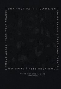 Zwart T-shirt met een getextureerd, gestippeld grafisch ontwerp en motiverende teksten in lichtgrijs. Eenvoudige ronde hals en korte mouwen.