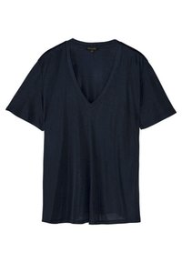 Navy blue short-sleeve V-neck T-shirt made of soft fabric with a loose fit. Features a simple design and no visible patterns or accents.