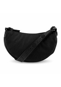 Borsa a spalla in tessuto nero con forma curva, chiusura a zip e tracolla con motivo. Presenta un logo discreto sul davanti.