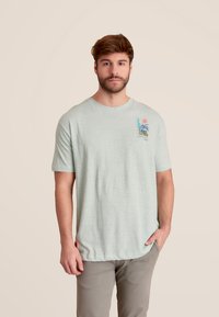 Lichtgroene T-shirt met korte mouwen in een ontspannen pasvorm, met een multikleurige grafische afbeelding van een palmboom en zon details op de borst.