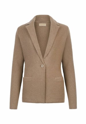 Beige tekstureret blazer med en enkelt knaplukning, notched lapels og to frontlommer. Fremstillet af et blødt, vævet stof.