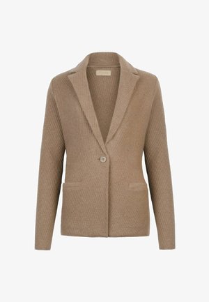 Beige textured blazer with a single button closure, notched lapels, and two front pockets. Crafted from a soft, woven fabric.