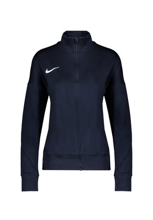 Marineblaue Sportjacke mit durchgehendem Reißverschluss, hohem Kragen und weißem Nike-Swoosh auf der linken Brust, langen Ärmeln und anliegenden Bündchen.