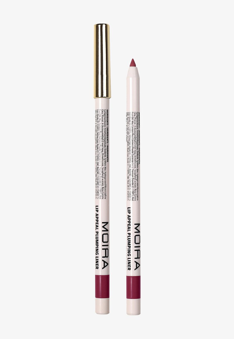 Deux crayons contour à lèvres repulpants MOIRA Lip Appeal, l'un avec un capuchon doré, l'autre découvert montrant une pointe rose foncé.