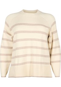 Maglione crema con righe orizzontali beige, scollatura tonda e orlo a coste. Presenta maniche raglan e una morbida trama a maglia.