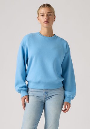 Frau trägt einen hellblauen Sweatshirt mit langen Ärmeln und hellblaue Jeans, steht vor einem einfarbigen hellgrauen Hintergrund.