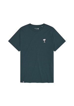 Dark teal short-sleeve T-shirt with small Snoopy graphic on left chest and round neckline.