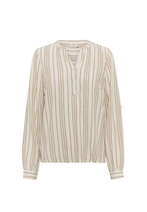Light beige blouse featuring vertical brown stripes, a V-neck with button detail, and long sleeves with elastic cuffs. Soft fabric texture.
