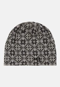 Stickad mössa i svart och grått med ett geometriskt mönster som har diamanter och blommiga detaljer; inkluderar en liten svart logotagg.