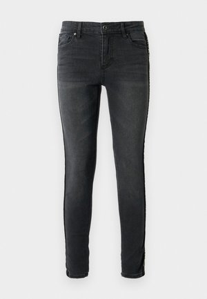 Slim-fit zwarte denim jeans met een vervaagde textuur, vijf zakken en decoratieve stiksels langs de zijnaad.