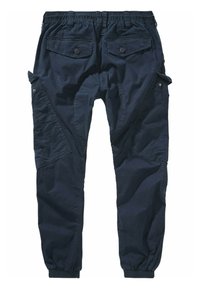 Pantalones cargo en color navy con cinturilla elástica, puños ajustados, múltiples bolsillos y una tela texturizada. Incluyen bolsillos traseros con botón.