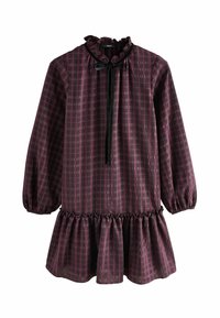 Lilla ruuduline kleit volangkaelusega, pikkade puhvärvidega ja flöödid hemiga, millel on smock trim. Sile tekstuur kerge läikega.