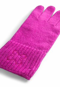 Roze gebreide handschoen met een ribbelboord en een geborduurd bloemenontwerp. Gladde textuur en vormvaste pasvorm voor warmte.