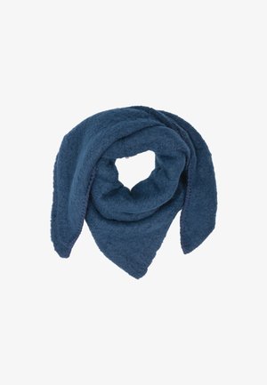 Dunkelblauer Wollschal mit einer weichen, strukturierten Oberfläche. Hat eine dreieckige Form und genähte Kanten. Kann in verschiedenen Stilen getragen werden.